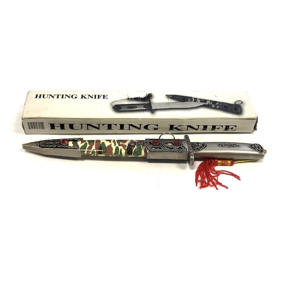 Ornate Hunting Knife Silver Hilt Camo Scabbard Red Tassel Faux Gemstones China